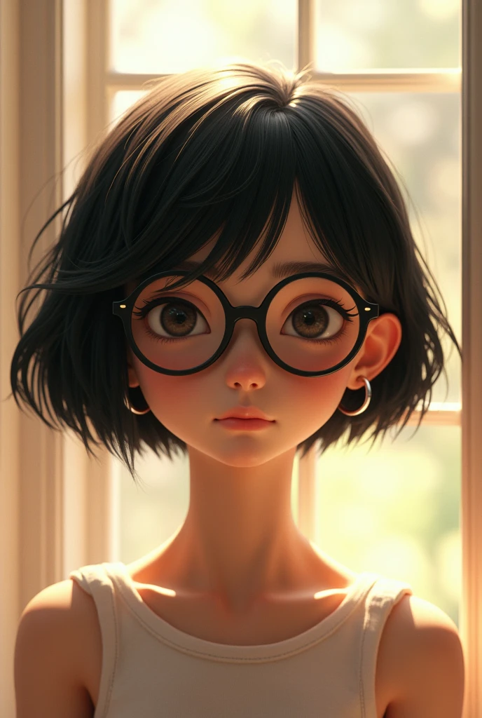 A photo of an 1 girl with a medium brown complexion and a slim build. She has a round face and wears oversized glasses. Her hair is short the size is until her ears with a men's 2024 mob cut like anime in the front and a fade on the back. The girl does not wear any makeup. The photo has a natural light source. Focus in her hair plis realistic way