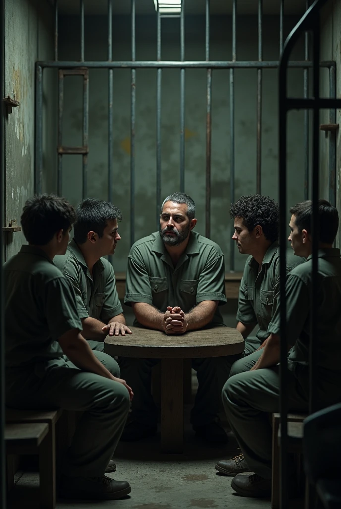 A man talking with friends, but in prison
