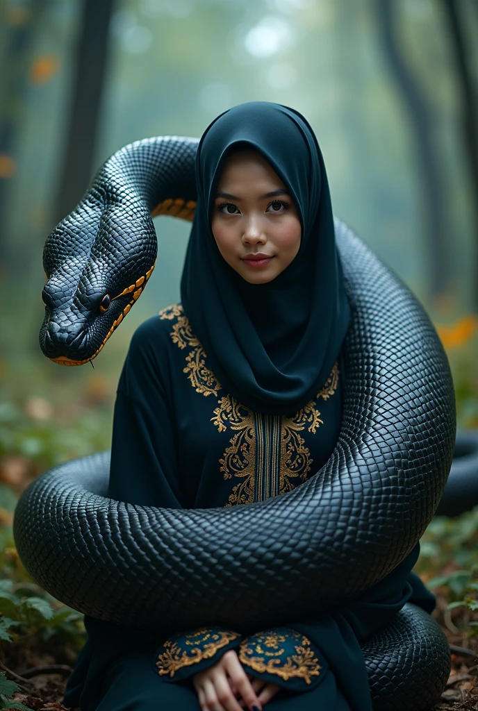 beautiful korean woman,wearing a hijab layered with elegant Muslim clothing, and a white and bright black blackneon big giant anaconda wrapped around the body, the head to the side, raw photo dslrbreak ultra detailed masterpiecebest qualitymagic forest scene where the trees come to life and emit a soft ethereal light glow1216k, facing the camera