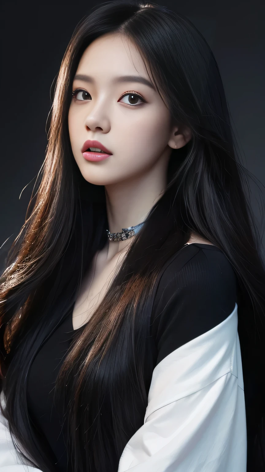 Portrait of a lady with long hair and black shirt, Digital Illustration Portrait, Beauvot Art Style, Portrait of Blackpink member Jossi, Numerical portrait, Digital Art Portraits, Realistic art style, High quality portrait, 🤤 Girl Portrait, realistic art style, # The greatest digital painting of all time, #The greatest digital painting of all time, Glossy digital