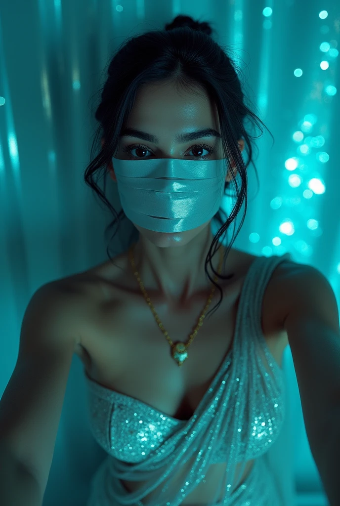 Aesthetic girl blindfolded Duct tape gagged in blue shimmering saree taking selfie