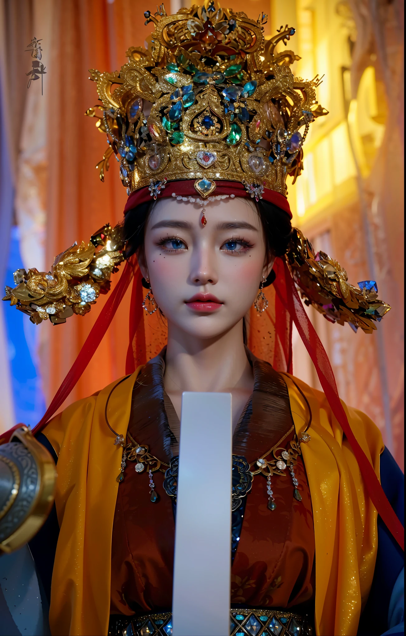 Game Art,Best image quality,Maximum resolution,8K,(A bust photo),(portrait),(Head close-up),(Rule of Thirds),Unreal Engine 5 rendering works,20 year old girl,((Queen)),The eyes are very detailed,(Large Breasts),Elegance and nobility,Light,Light线追踪,Game CG,((3D Unreal Engine)),OC rendering reflection mode,4K,Ultra-clear,Sensual,Translucent lace,Fair and plump figure,Pretty Face,Light泽凝胶涂层,身着华贵礼服的Queen,Crystal Gem Crown,Necklace jewelry,blue eyes,The tattoo is very three-dimensional,Gorgeous and intricate tattoo designs,Ultra-clear portrait,Sexy body,Temple Princess,Swarovski crystal diamond,Heart of the Universe Gem,Delicate facial makeup,The Chinese Empress wore an extremely luxurious gold and gem-carved crown