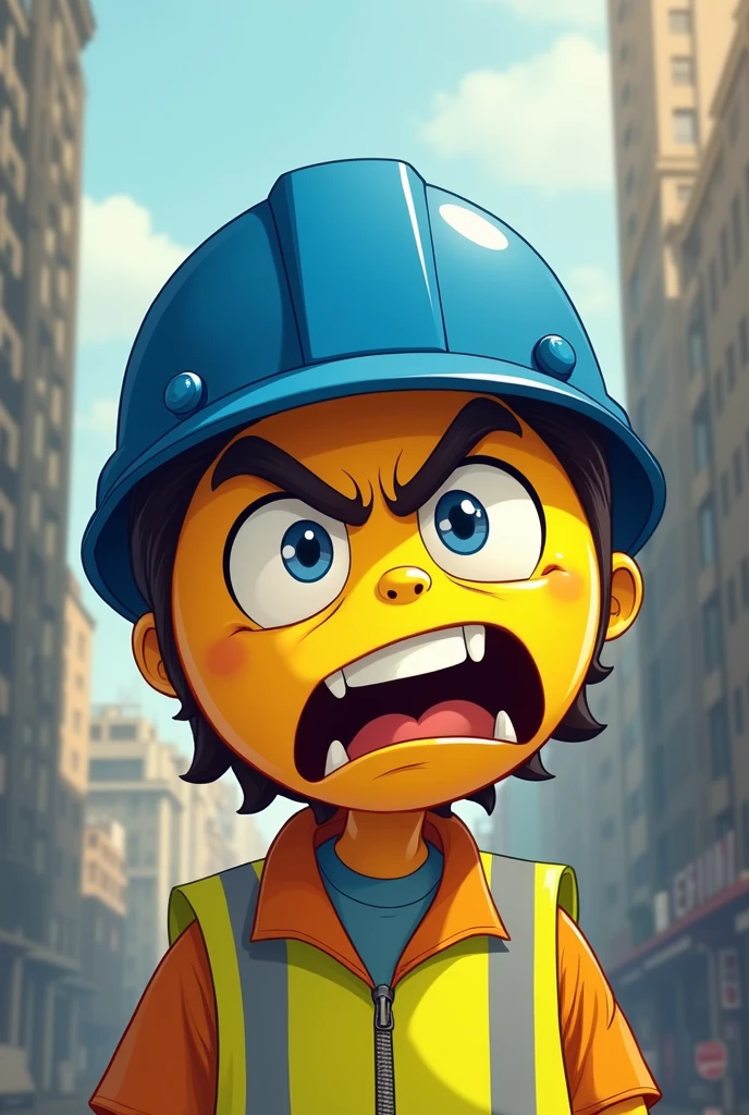 An angry smiley with a blue helmet and safety vest. Which is surprised about the situation. 