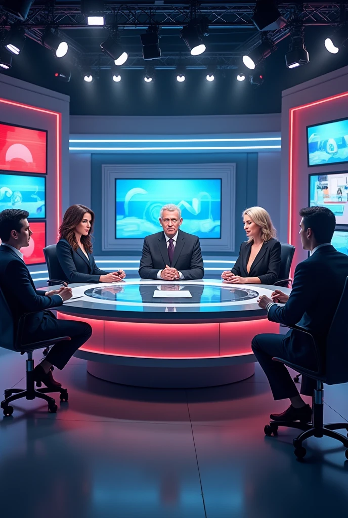 Create a pic of News studio and write in background. Sh family