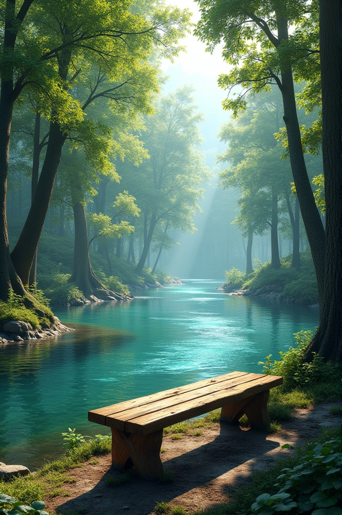 Idyllic forest river scene with perfectly clear water surrounded by towering leafy trees ,sturdy bench crafted from timber positioned along the river's edges,gentle breeze causing the water to shimmer