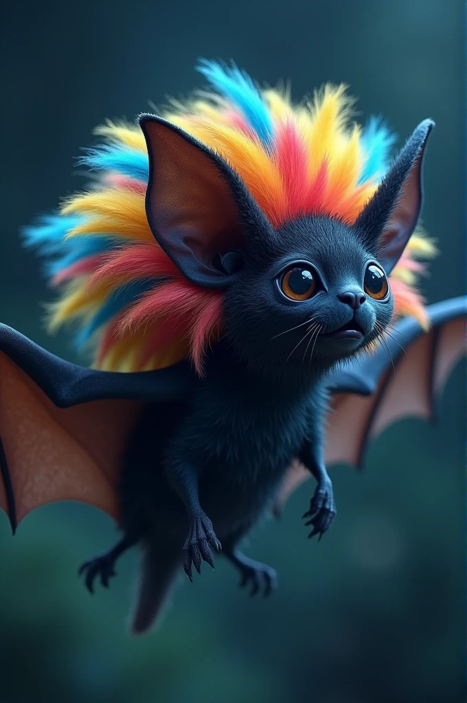 ((best quality)), ((masterpiece)), (detailed), Create an image of a bat flying at night, wearing a fancy wig. The wig should be voluminous and styled, with vibrant colors and a striking design that contrasts with the bat's dark body. The scene should be fun and surreal, capturing the unusual combination between the bat and its wig