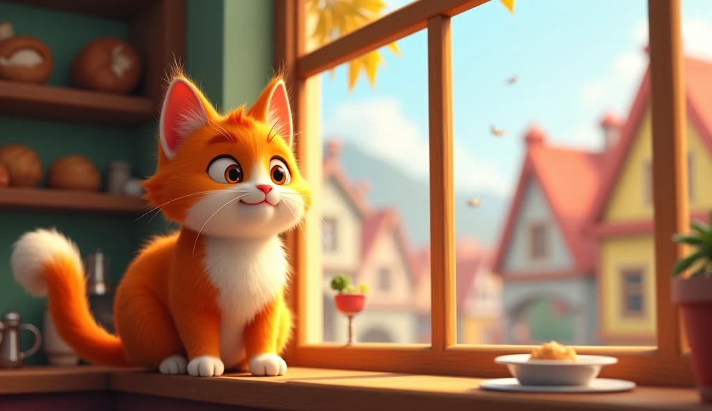 Create an image of Whiskers, the orange and white cat, sitting contentedly by a window of a quaint bakery. The butterfly that Whiskers had been chasing is seen fluttering outside, while Whiskers gazes out with a thoughtful and satisfied expression. The bakery's interior is cozy and inviting, with warm colors, shelves filled with treats, and a dish of cream set aside for Whiskers. The background outside the window should show the colorful village with a hint of the butterfly's flight path. The overall mood should be peaceful and reflective, capturing the essence of Whiskers’ realization that the journey and new friendships were the true treasures.