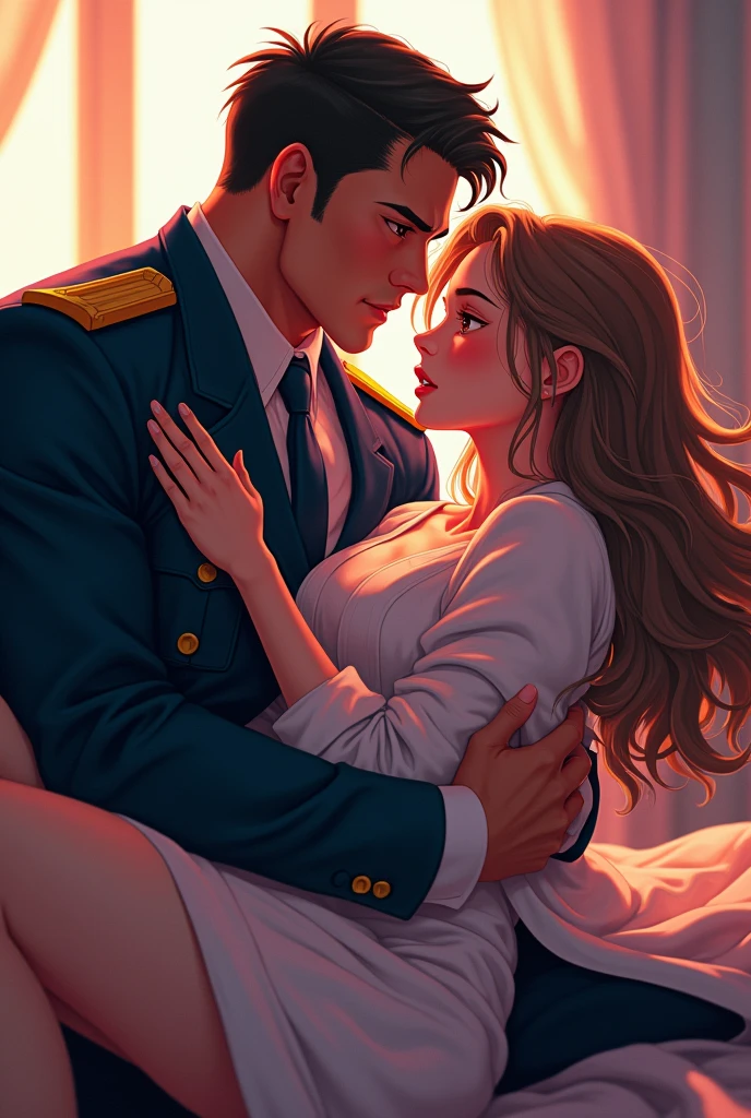 A blond girl with wavy hair and a flowery dress hugs a tall brunette man in military uniform against the night sky old photo style