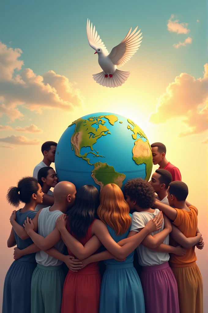 Make an image where a globe is there , a piegon is flying in the sky , some people from different cultures or colour are hugging and a slight sun rise