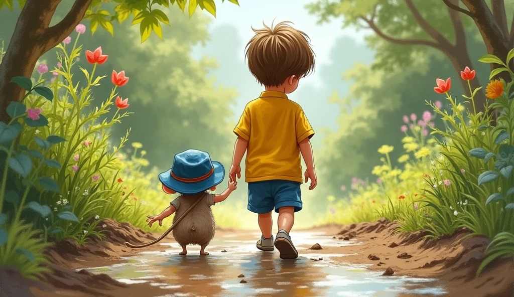 drawing of a  (( boy)) dark yellow shirt dress and blue shorts accompanied by a small mouse (( wearing a blue exploration hat)) crossing mud puddles in a garden (( The drawing only shows the backs of the two characters)). Masterpiece of Art 