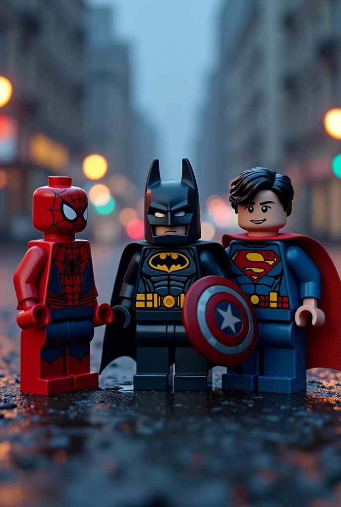 Spiderman, Captain America, Batman and Superman from Lego at night 