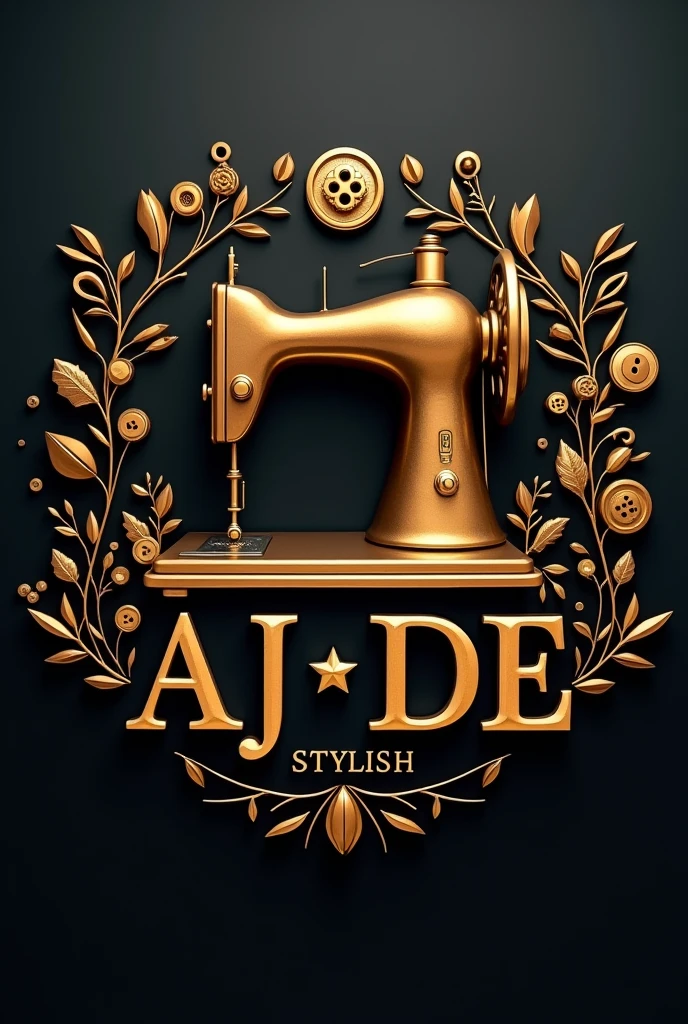 Create a 3D-style logo design for a fashion or tailoring brand named "AJ De stylish." The logo should prominently feature a vintage sewing machine at the center, designed in a golden metallic finish for a luxurious and elegant look. Surround the sewing machine with various sewing-related items like spools of thread, buttons, and a pair of scissors, all in matching golden colors. Include stylized leaves and small decorative elements to enhance the aesthetic. Below the sewing machine, in bold, modern 3D lettering, place the brand name "AJ De" in uppercase, followed by the word "Stylish" “Location:Kantamanto Line 10,Shop 397” “0534008074/0260823384 in a smaller, simpler font. The overall design should have a professional, high-quality appearance, with a dark, textured background to create contrast and make the golden elements stand out. Include shadows and highlights to give a realistic, three-dimensional effect.