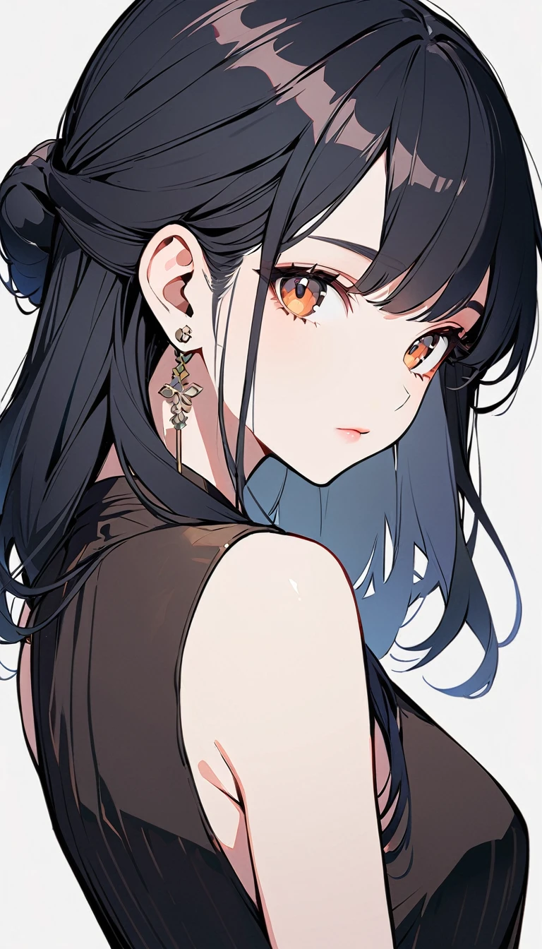 flat Design, 1girl, solo, half updo, black hair, brown eyes, wearing a simple black dress, sleeveless, looking at viewer, light pink lips, upper body, closed mouth, shirt, earrings, white background