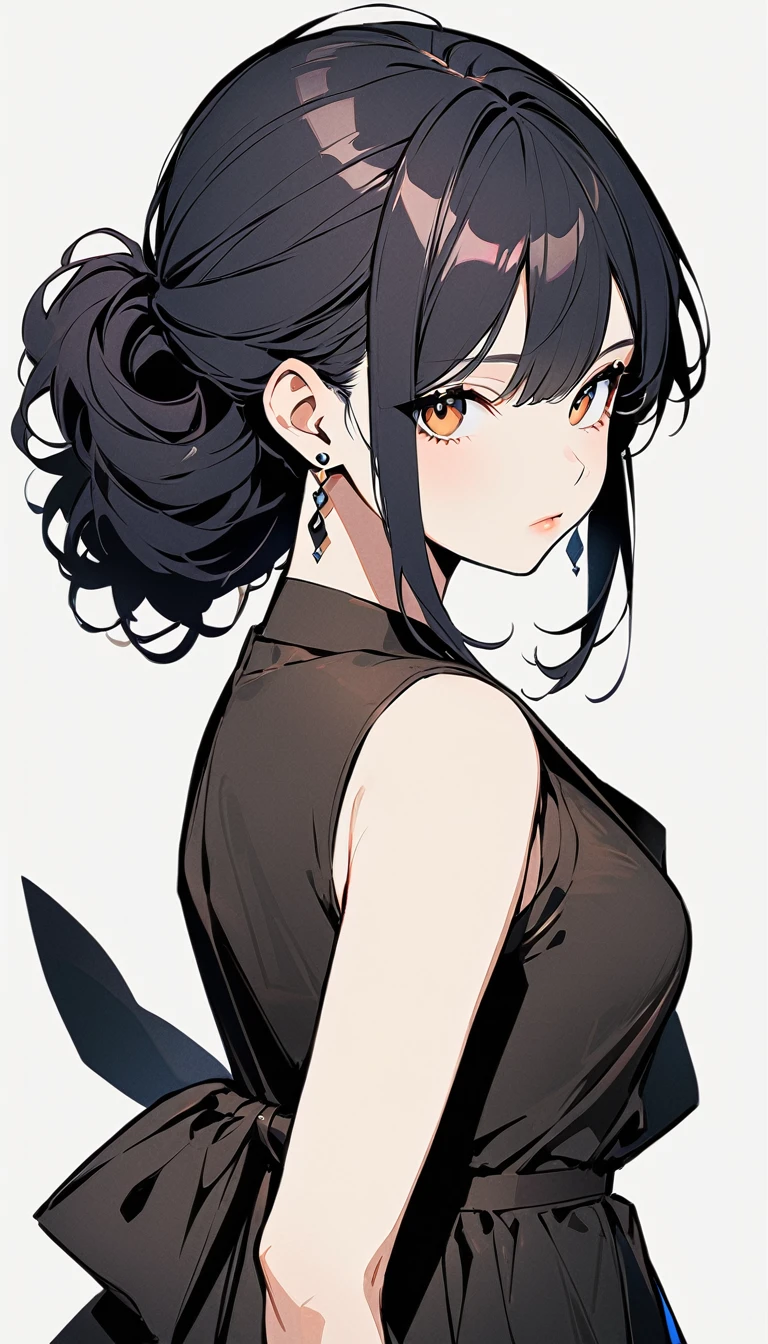 flat Design, 1girl, solo, half updo, black hair, brown eyes, wearing a simple black dress, sleeveless, looking at viewer, light pink lips, upper body, closed mouth, shirt, earrings, white background