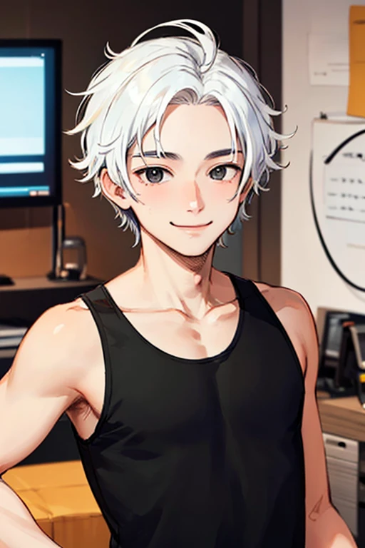((masterpiece)), (((best quality))), chromatic lighting,
colorized, white + black limited color palette,
detailed concept drawing,
in a private room, Shibuya street fashion, no weird object on his face,
portrait, 25yo 1guy, slender, white tank top, short white hair, black eyes, smiling