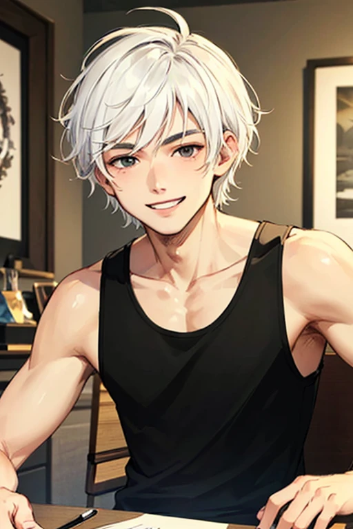 ((masterpiece)), (((best quality))), chromatic lighting,
colorized, white + black limited color palette, 
detailed concept drawing,
in a private room, Shibuya street fashion, no weird object on his face,
portrait, 25yo 1guy, slender, white tank top, short white hair, black eyes, smiling