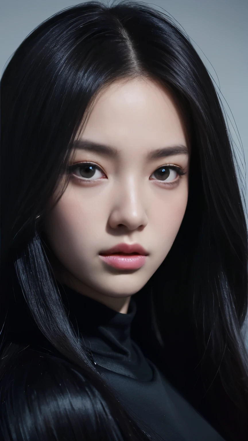 Portrait of a lady with long hair and black shirt, Digital Illustration Portrait, Beauvot Art Style, Portrait of Blackpink member Jossi, Numerical portrait, Digital Art Portraits, Realistic art style, High quality portrait, 🤤 Girl Portrait, realistic art style, # The greatest number in history, #The greatest number in history, Glossy digital