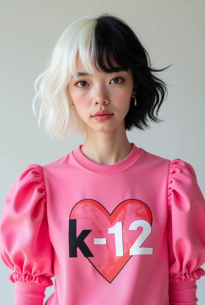 Gender:male style:Realistic Body:He has no  Skin: Clear Eyes: Brown Hair: divided in half, with one side black and the other white Shirt: Pink with puff sleeves, with a heart written in front "k-12"