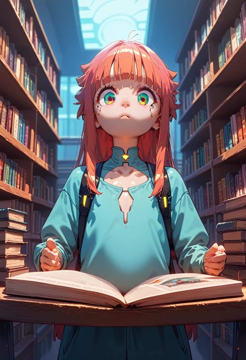 A gigantic futuristic library with thousands of books. A cyberpunk kid in the center of the library looks on in awe  