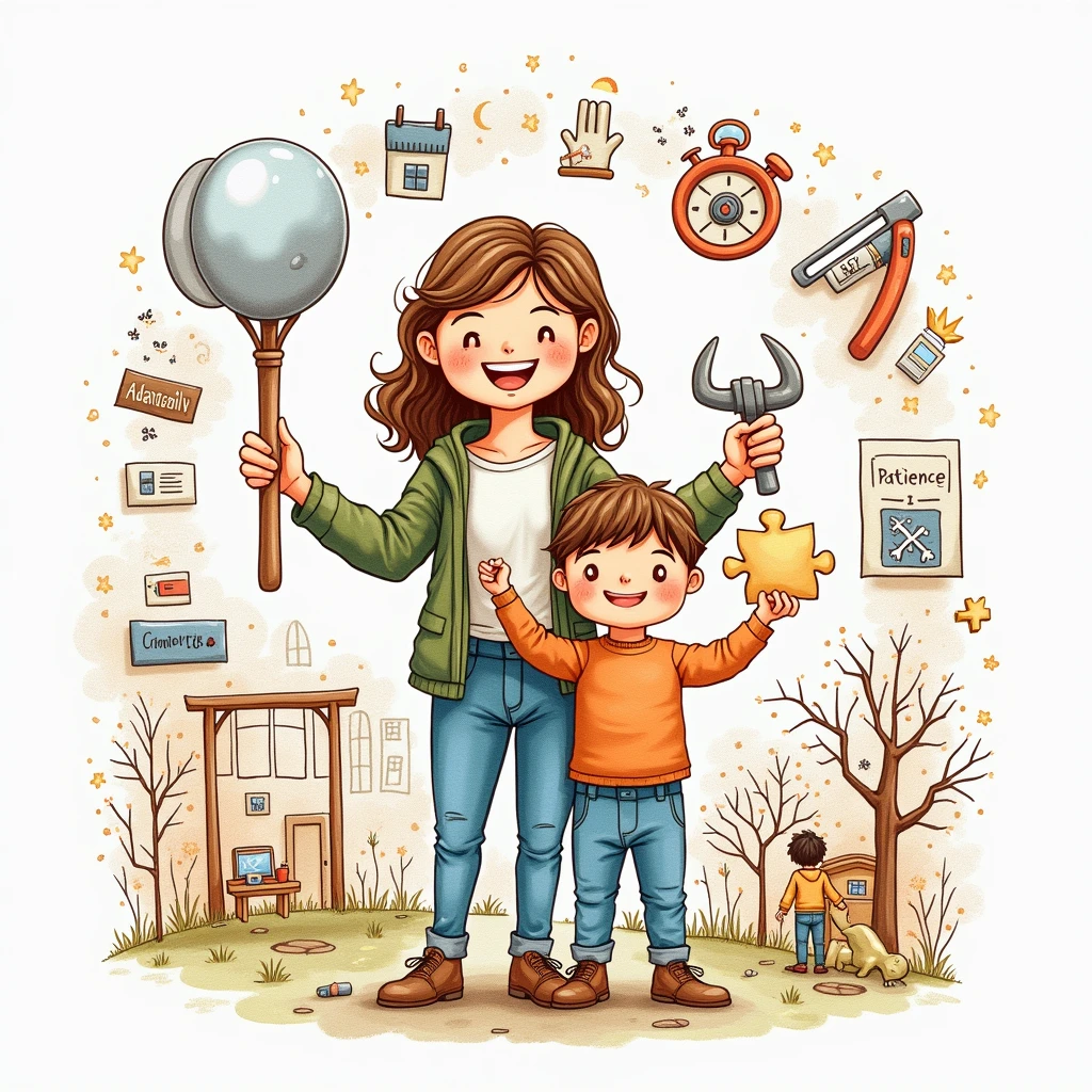 Hand-drawn illustration of a parent holding multiple tools labeled 'Adaptability,' 'Patience,' and 'Creativity,' while a child stands beside them, holding a puzzle piece. The background shows a mix of different scenarios (e.g., school, playground, home), representing the diverse challenges and solutions in parenting.