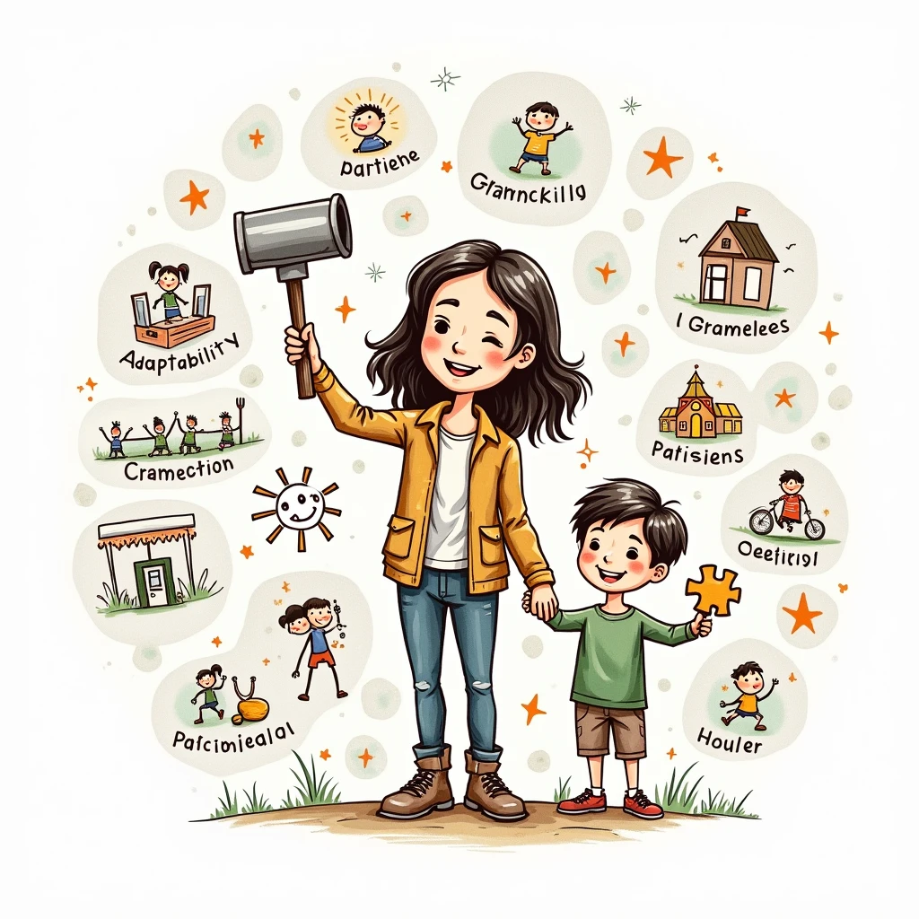 Hand-drawn illustration of a parent holding multiple tools labeled 'Adaptability,' 'Patience,' and 'Creativity,' while a child stands beside them, holding a puzzle piece. The background shows a mix of different scenarios (e.g., school, playground, home), representing the diverse challenges and solutions in parenting.