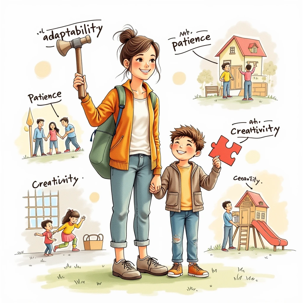 Hand-drawn illustration of a parent holding multiple tools labeled 'Adaptability,' 'Patience,' and 'Creativity,' while a child stands beside them, holding a puzzle piece. The background shows a mix of different scenarios (e.g., school, playground, home), representing the diverse challenges and solutions in parenting.