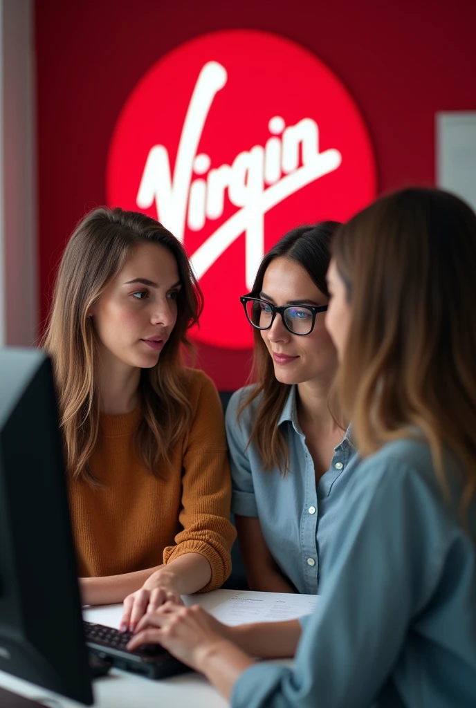 Two young women are using a desktop in an office and chatting with their clients. The Virgin Media logo is on the wall behind them. The women are wearing tops and jeans. One of the women is also wearing glasses.
