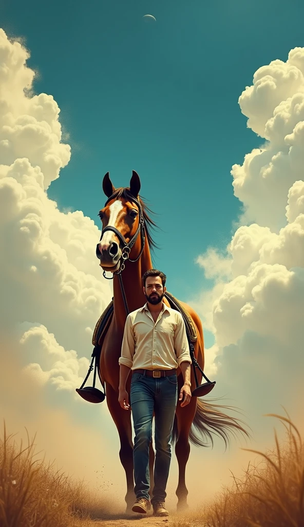 a man standing in front of a horse and a sky with clouds in the background with a horse and a man in the foreground, Altoon Sultan, samikshavad, movie poster, poster art