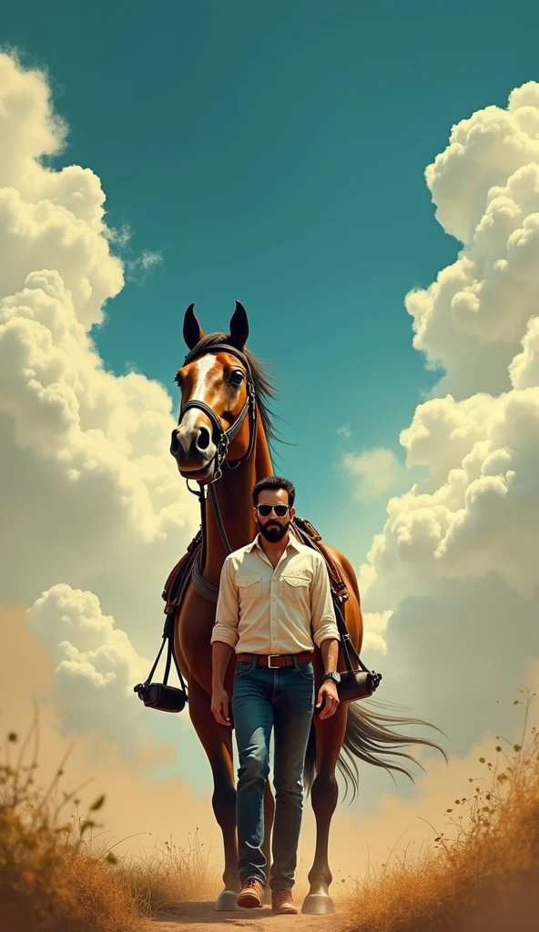 a man standing in front of a horse and a sky with clouds in the background with a horse and a man in the foreground, Altoon Sultan, samikshavad, movie poster, poster art