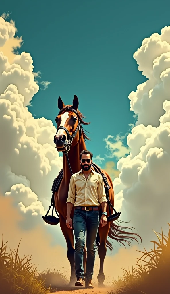 a man standing in front of a horse and a sky with clouds in the background with a horse and a man in the foreground, Altoon Sultan, samikshavad, movie poster, poster art