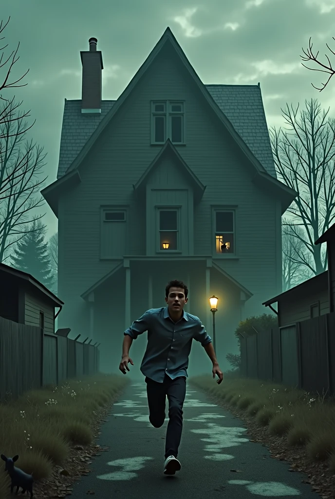 A young man fleeing from a large wooden house, with expressions of fear on their faces, in an abandoned town with a gloomy atmosphere and a little more lively 
