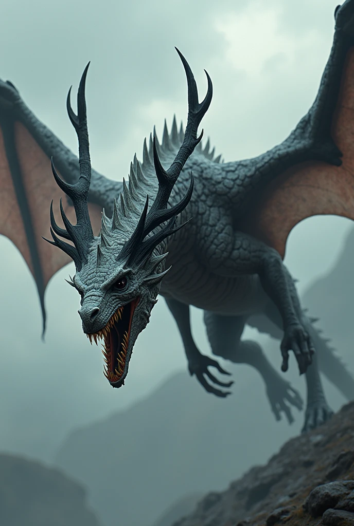 bat, dragao handles, white scales, black scales, deer antlers, black horns, 20 horns, sharped teeth, breathing fire, flying through the sky, muscled body, long face, ferocious, black eyes,