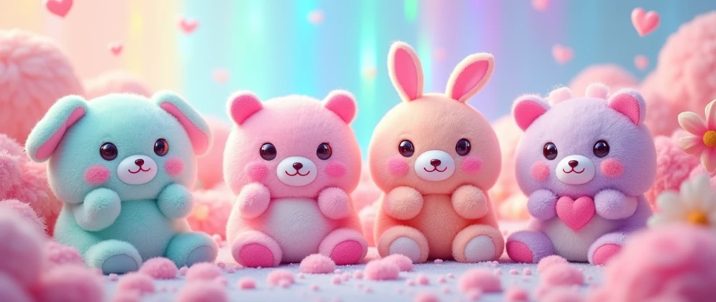 cheered up!! 90s kawaii cheered up! pastel stuffed animals! iridescent, background landscape
