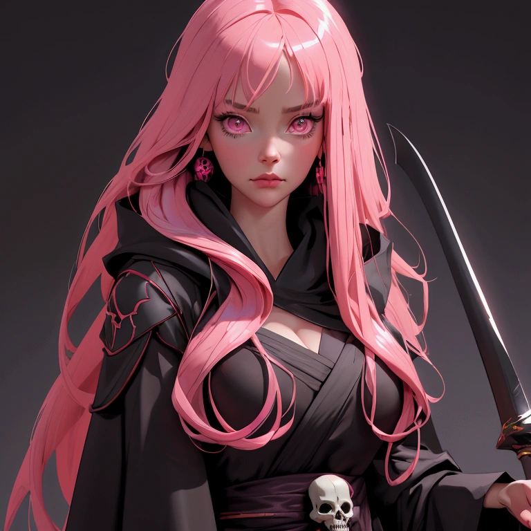 envision a 8k, highres, cinematic, close up portrait of a tall woman named Mori Calliope with long pink hair, pink eyes, in a grim reaper robe adorned with skull accessories and a scythe against a dark gray background