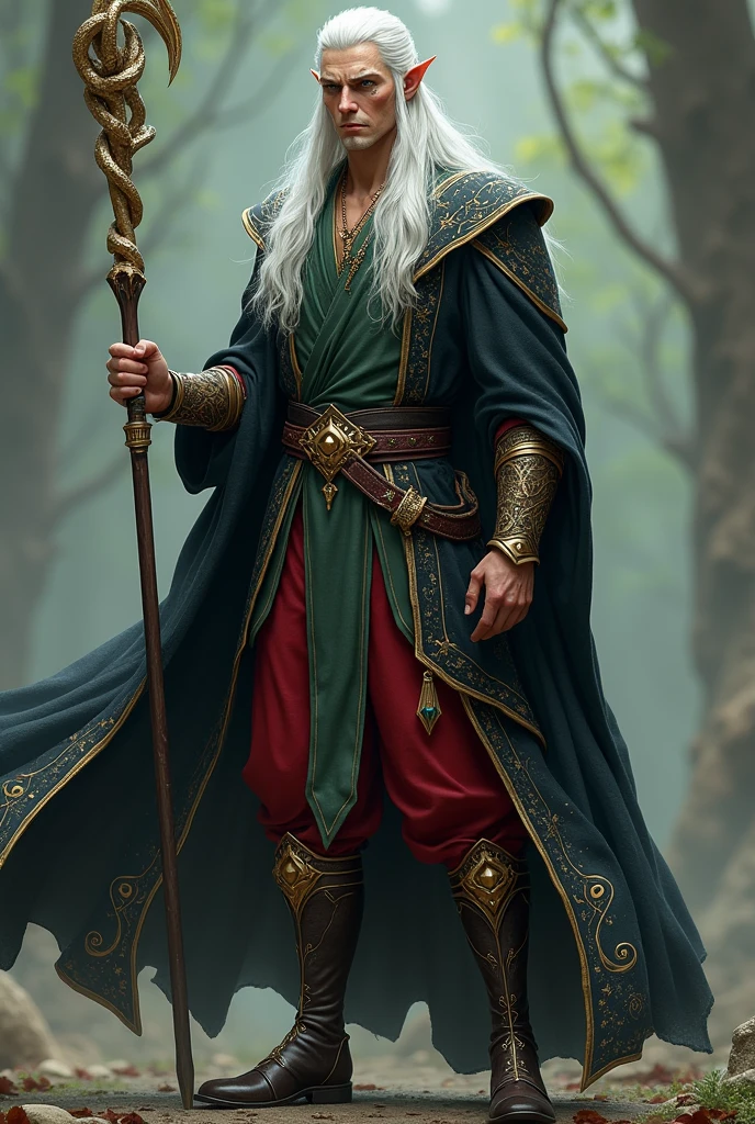 race: High Elf Hair: Long and white as snow Eyes: Heterochromatic - one emerald green and one ocean blue Skin: white, with golden details on his face symbolizing his royal lineage Height: 1,92m
Peso: Approximately 92kg Body: Well defined due to long training Clothing:
- Blouse: Moss Green - Overcoat: Night black, with stellar details, going up to the knee - Belt: For the staff - Pants: Red Color - Boots: Dark gold and brown details, up to the knees