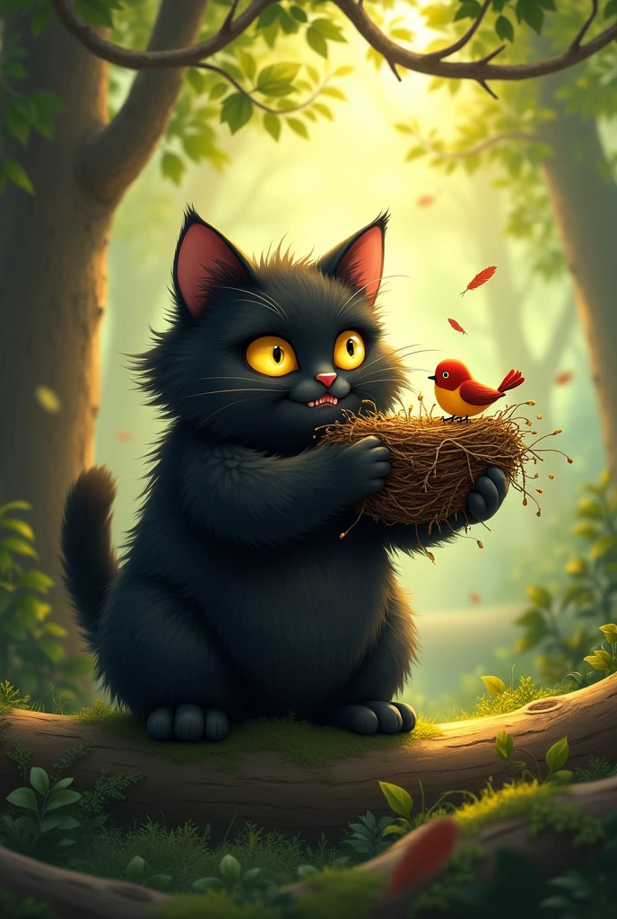 A black, fluffy cat. The cat is destroying a bird's nest in a tree. The scene is inside a beautiful forest, with soft sunlight filtering through the leaves. The cat's expression is happy and playful.