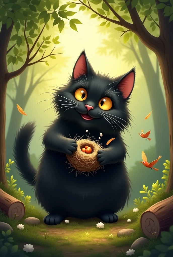 A black, fluffy cat. The cat is destroying a bird's nest in a tree. The scene is inside a beautiful forest, with soft sunlight filtering through the leaves. The cat's expression is happy and playful.