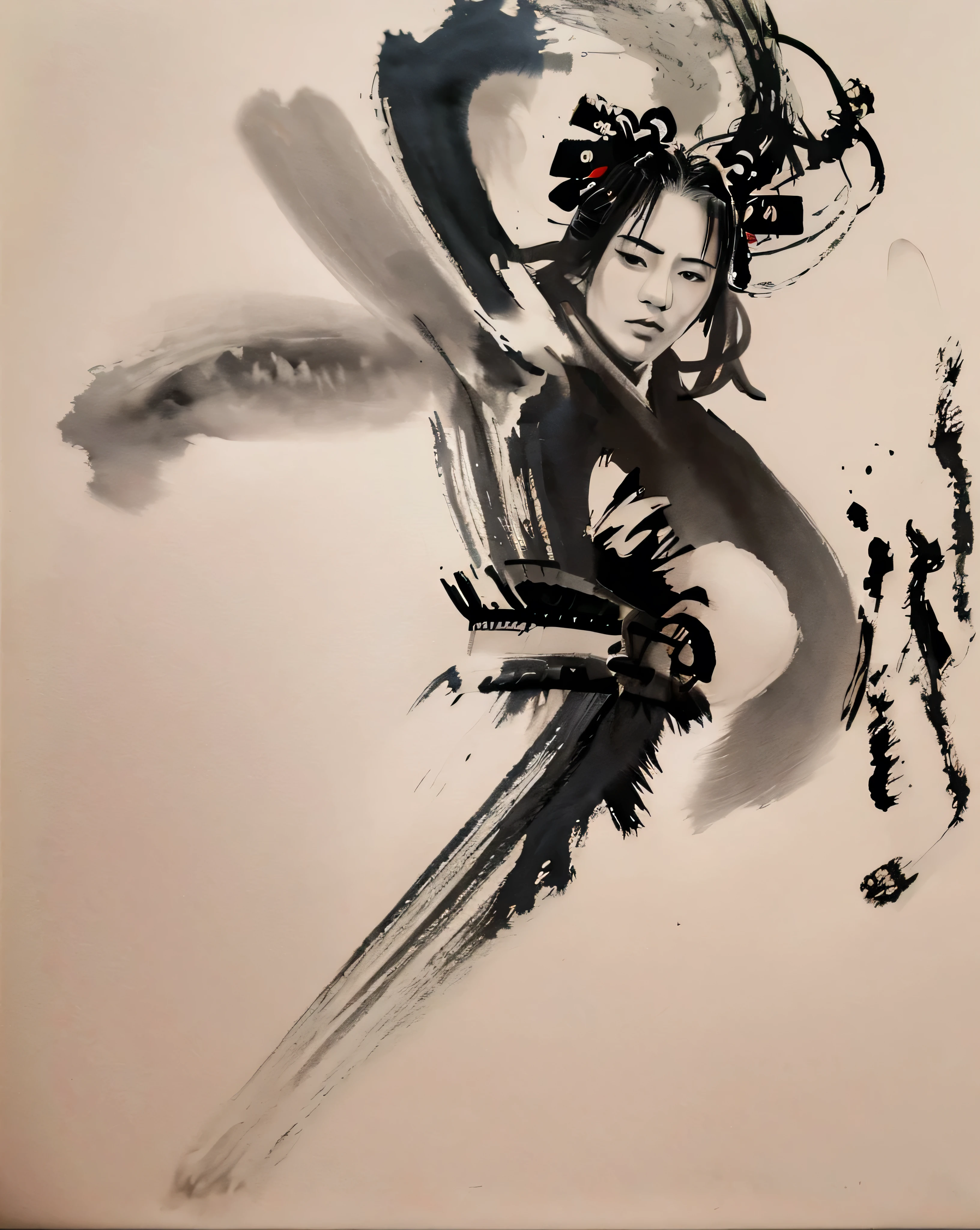 Monochrome, Ink Sketch, One person, samurai, Combat Stance, View your viewers, Long Hair, Floating Hair, samurai, Long sleeve, (Abstract ink splashes:1.2), White Background