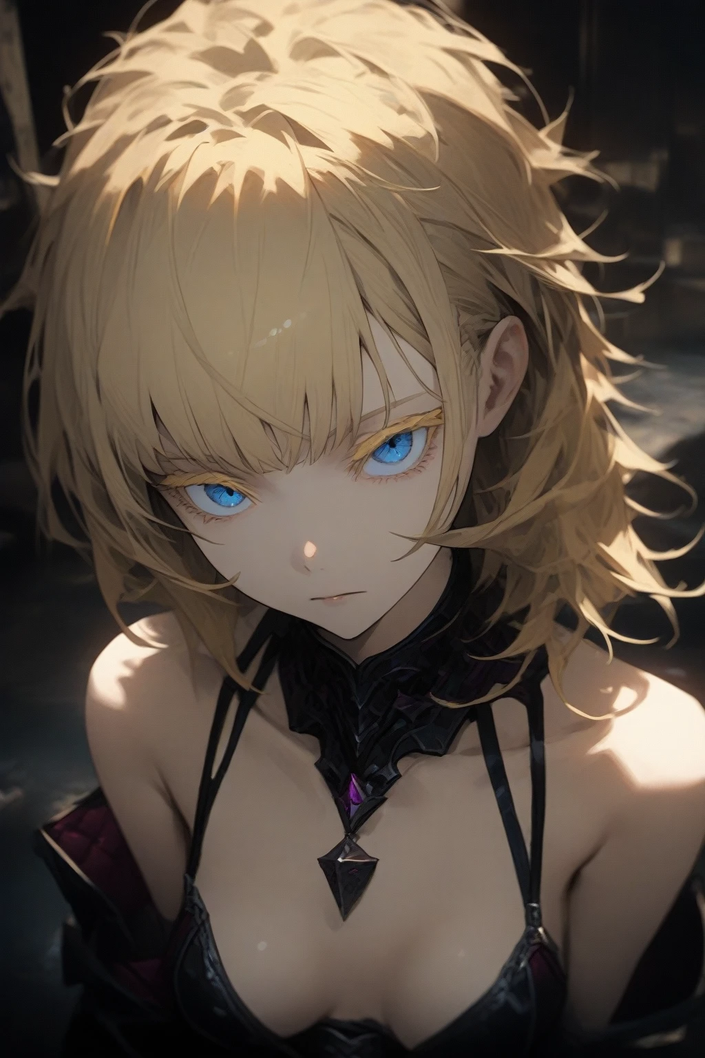 masterpiece, best quality, very aesthetic, absurdres,1girl,(hyper detailed eyes),blonde hair,short hair,[disheveled hair],colored eyelashes,blonde eyelashes,blue eyes,(sharp eyes),(slanted eyes),choppy bangs,medium breasts,clear face,expressionless,prostitute,prostitution,brothel,