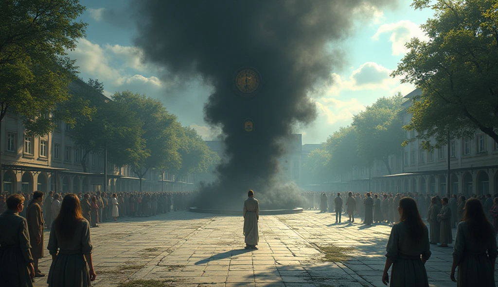 In a square, people are in different small groups talking. In the center, there is a person talking to himself, with a bitter expression. Words of curses come out of his mouth like a black fog that slowly spreads, contaminating the vegetation, cracking the ground and bringing shadows. The people around begin to feel the impact, with their expressions changing from happiness to discomfort.