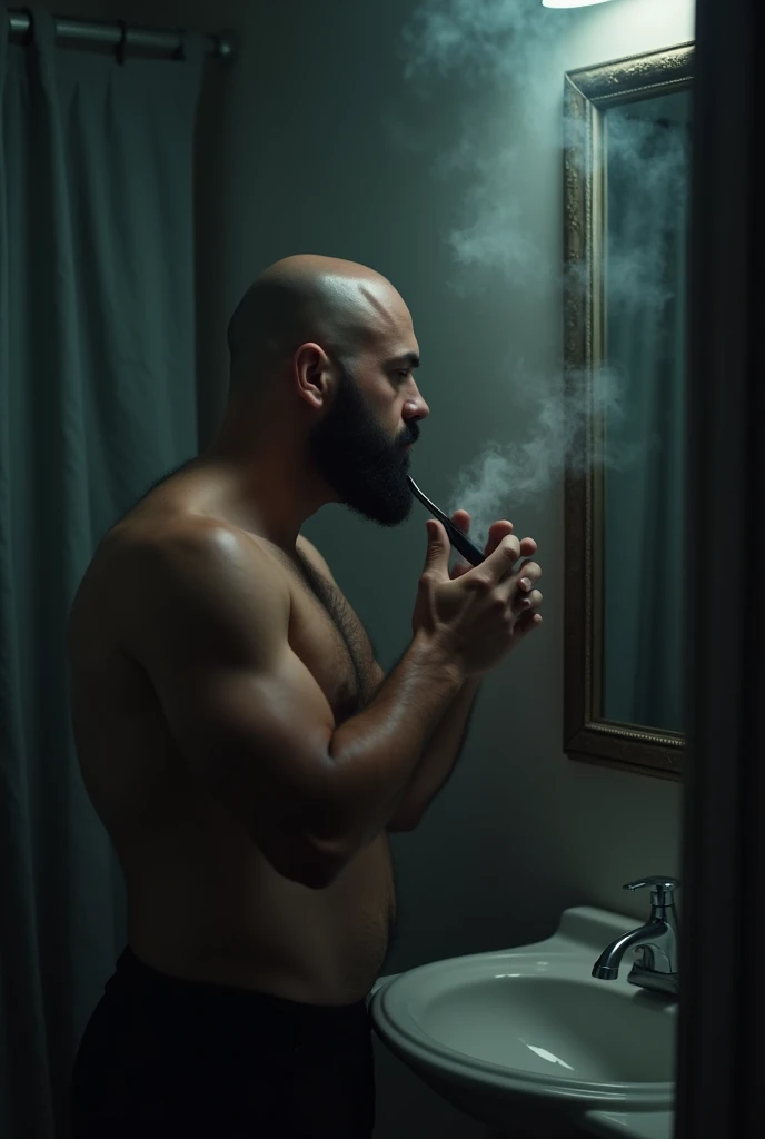 a dark man ,a little chubby, with shaved hair, He goes to the bathroom without a shirt to shave his beard