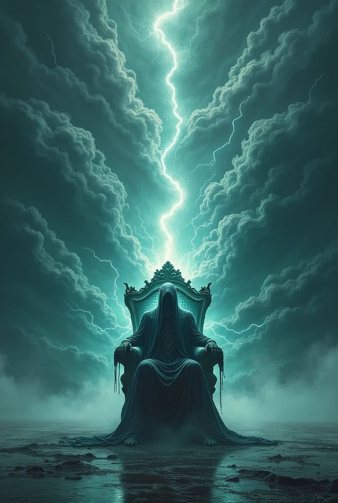 mythological shapeshifting Dark galaxy Thunders and dark galaxy like background Man sitting on a death chair facing backwards getting electrocuted in a dark galaxy background, the ground is plain plain reflecting the thunders and clouds, author：Zdzislaw Beksinski和Van Gogh, album covers, dark, surrealism, Futuristic , Heavy Metal, liquid, coral, abstracted, Dark, Blue, Cyan, Green, Dark, faded, landscape