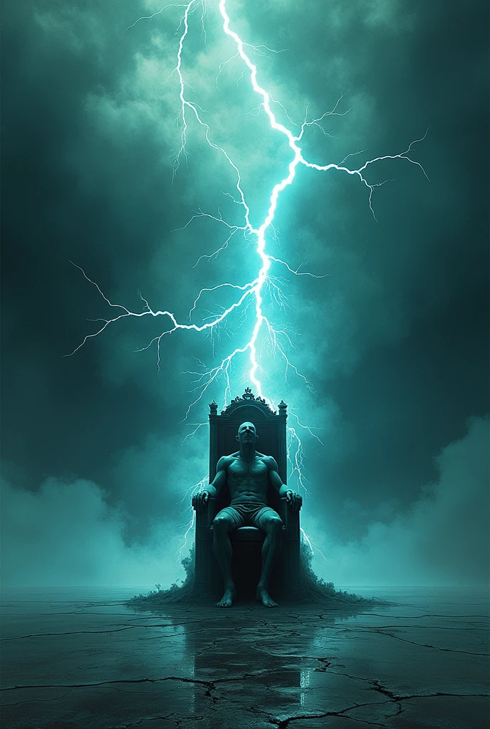 mythological shapeshifting Dark galaxy Thunders and dark galaxy like background Man sitting on a death chair facing backwards getting electrocuted in a dark galaxy background, the ground is plain plain reflecting the thunders and clouds, author：Zdzislaw Beksinski和Van Gogh, album covers, dark, surrealism, Futuristic , Heavy Metal, liquid, coral, abstracted, Dark, Blue, Cyan, Green, Dark, faded, landscape