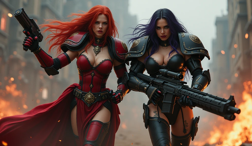 Full body pose sexy sisters of battle from the warhammer 40k, shooting at the enemy, red space marine armor with intricate details, black space marine armor with intricate details, symbols on the armor, sisters of battle, warhammer 40k, Massive exposed silicone breast, pale skin, seductive, temptation, eat your soul, clevage, long red flowing hair, long black flowing hair with purple highlights, heavy gothic makeup, at night, neon, beautiful detailed eyes, beautiful detailed lips, extremely detailed eyes and face, long eyelashes, highly detailed armor, intricate futuristic weaponry, dramatic lighting, cinematic composition, muted color palette, gritty and realistic, mecha, science fiction, hyper-detailed, photorealistic, award winning digital art, 8k, HDR, masters work, in the middle of a battle field, full body combat action pose, explosions and fire around, full war, stunning, Stilleto heels, high heels, full body pose, cinematic, movie trailer, final stand!, nemesis, ready to strike, dust and debree, combat screams, attacking, shooting at the enemy, running forward, last line of defense, charging, fanatic, religious, templar knights, sisters of battle, warhammer 40k, shooting at the enemy, bimbo gigantic exposed breast, jetpacks, space marine, stilleto heels, cinematic light, cameltoe pussy, beautiful pussy, wet pussy, wet body, oiled body, gigantic breast, dynamic super sexy combat action pose, sisters of battle from the warhammer 40K