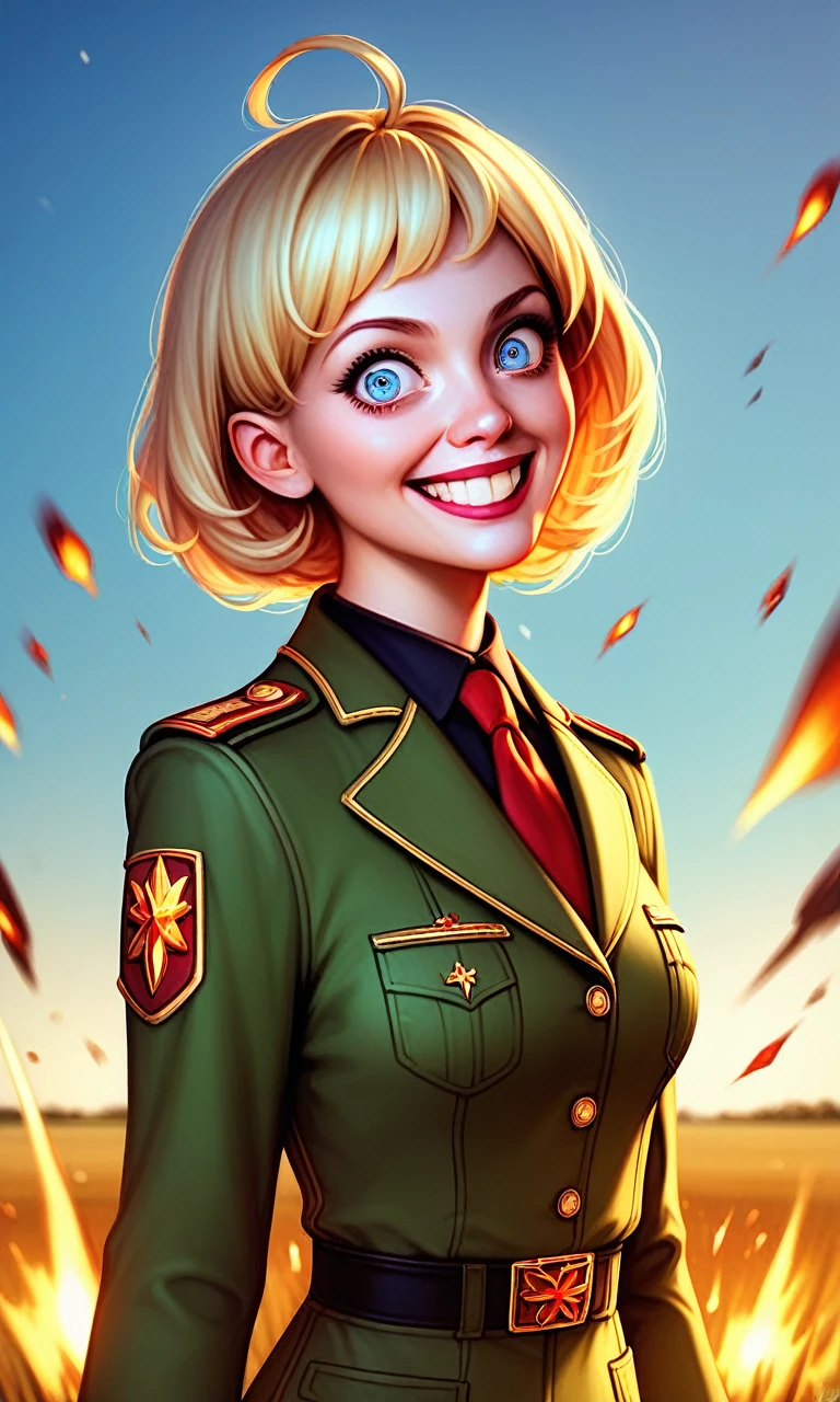 (standing alone:1.1), (1 girl:1.1), tanyadegurechaff, blue colored eyes, hair blonde, pointy hair, Ahoge, 
Red Gem, military dress uniform, green clothing, 
standing, trunk, close up, looking ahead at viewer, ever forward, crazy eyes, crazy grin, 
field of battle, karo, natta, explosions, fire, sky, 
work of art, best qualityer, very aesthetic, absurderes, Dai, ogipote,realistic appearance

