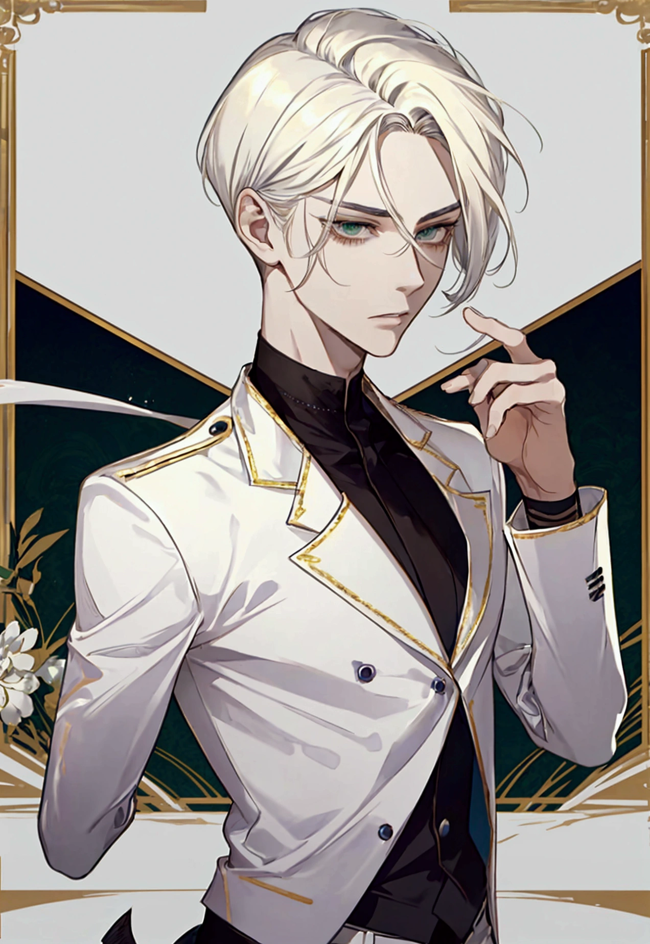 His skin is a smooth, warm caramel tone, and his hair is a soft platinum blonde, styled in a sleek, shoulder-length cut with gentle waves. His eyes are a striking green, framed by long lashes and perfectly shaped eyebrows. Julian's facial features are delicate, with high cheekbones and a refined jawline. he is a teenager, young boy at