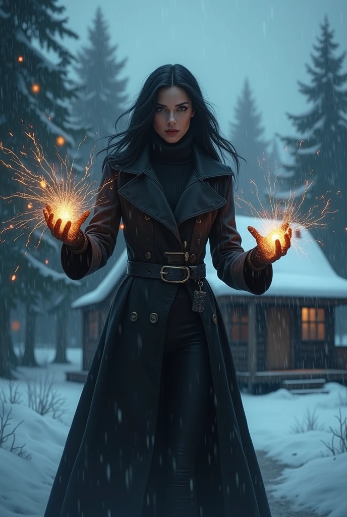 Female investigator with long black hair in a long black coat and gloves On a cold and stormy night creating a protective field around the cabin