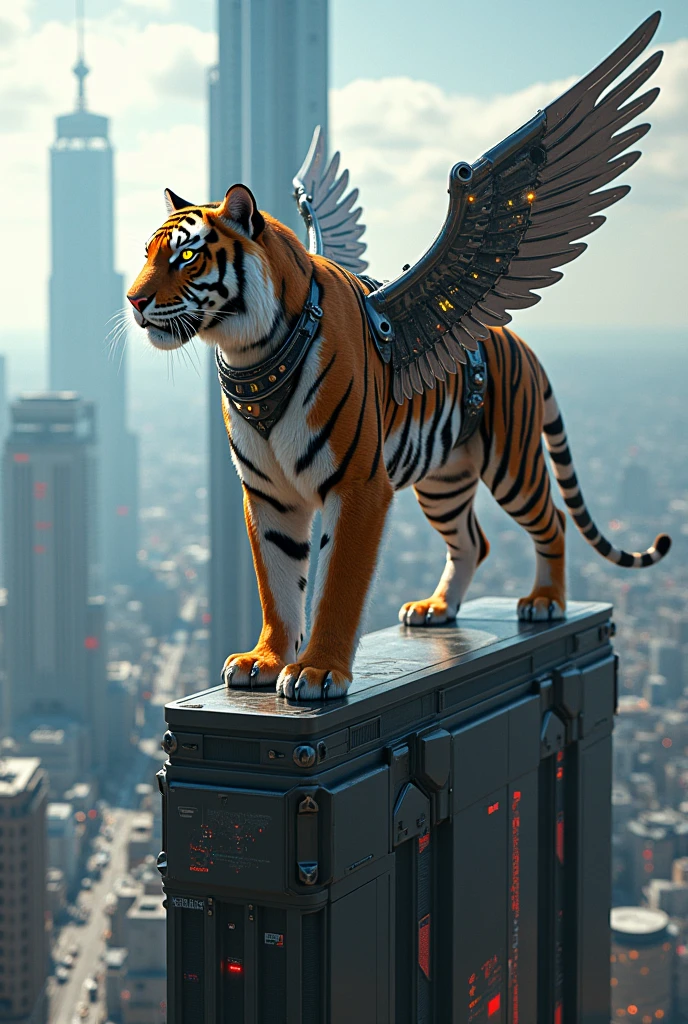 Tiger with wings in cyborg costume
Standing on sky scrapper