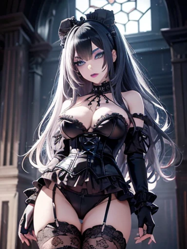  A 2 gothic punk goth girl, perfect face, beautiful Asian woman with long White hair in curls and coils, very cute and           beautiful girl, (highly detailed beautiful face), high detailed fingers, (Deep Purple corset with detailed frills), detailed face,
]cowboy shot, looking at viewer, Standing, white panties. intricate details, cinematic scene, detailed background, solo, dynamic angle,  ((beautiful big blue eyes looking down at the viewer, black shiny lipstick, perfect Asian goth cyber makeup)) double d breast, detailed cute face, white hair, gothic punk fashion, highly detailed gothic fashion, short skirt, heavy make up,),(dark black lipstick), size, Backlight effect, lens flare, depth of fields, blurry background, Detailedface,1 girl, Detailed eyes, ,(thigh up shot image :1.5), Black gloves