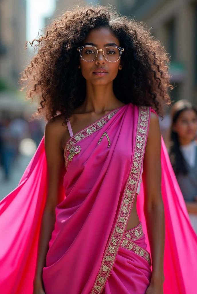 Curl hair. Beautiful teen Indian woman. Hero outfit color pink. She wears a sari and glasses but make it heroic outfit. Pink water logo on her outfit